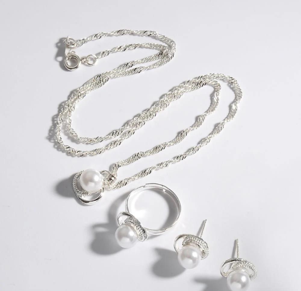 Silver Plated Pearl Necklace Ring Earrings Set