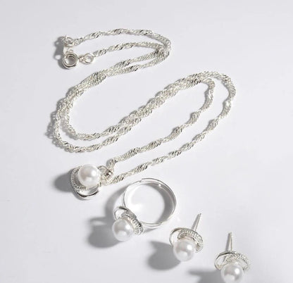 Silver Plated Pearl Necklace Ring Earrings Set