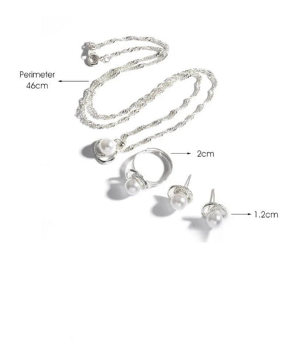 Silver Plated Pearl Necklace Ring Earrings Set