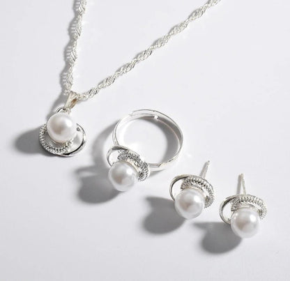Silver Plated Pearl Necklace Ring Earrings Set