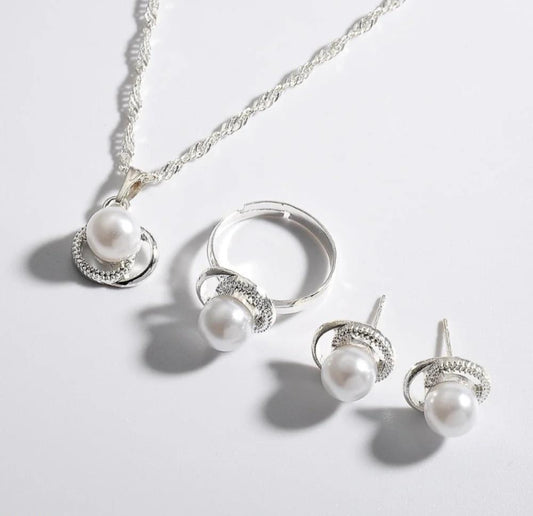 Silver Plated Pearl Necklace Ring Earrings Set