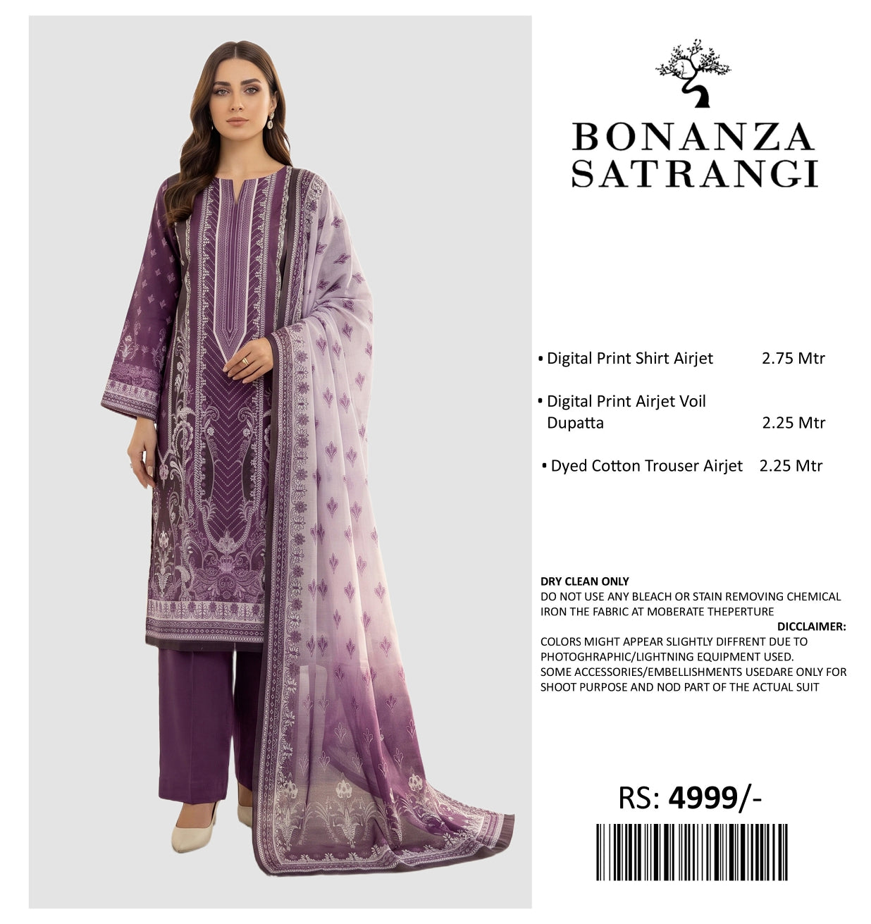 BONANZA PRINTED LAWN UN STITCHED 3PIECE