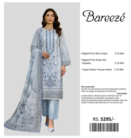 BAREEZE PRINTED LAWN UNSTITCHED 3 PIECE